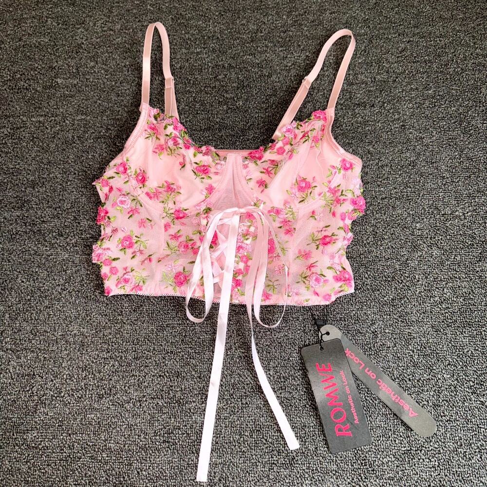 Romwe Cami Top Womens‎ 4 Small Pink Floral Embroidered Tie Front Spaghetti Strap